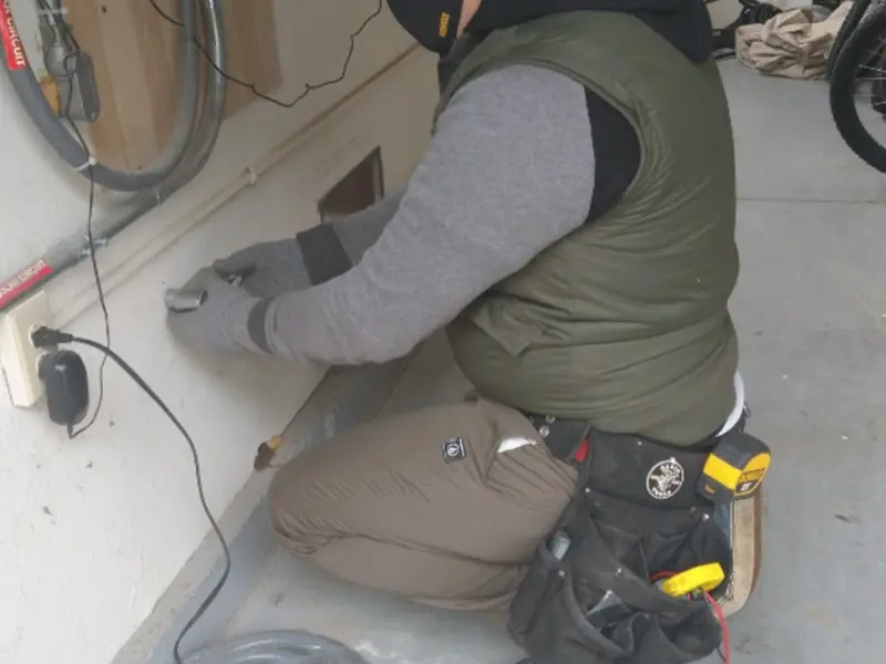 Electrician performing outlet wiring in a Orchard City garage